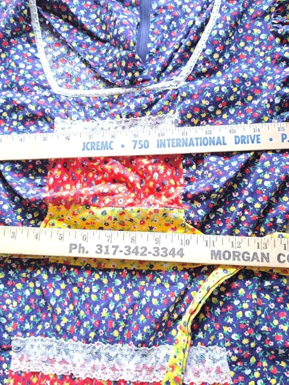 Vintage 70's Floral Patchwork Prairie Maxi Dress Lace Trim Multi-Color S Cotton - Picture 12 of 16